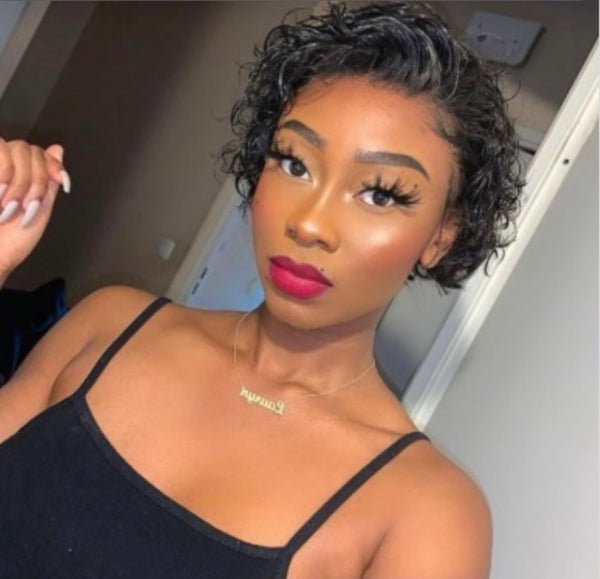 8 inch Short Curly Pixie Cut 13"x4" Frontal Lace Wig Pre-Bleached Knots Brazilian Human Virgin Hair 150% Density